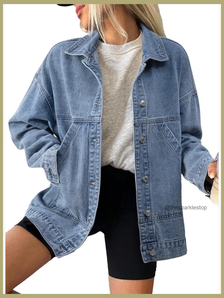 Denim Jacket Long Sleeve Button Front Drop Shoulder Coat